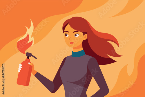 a character in the image of a fireman against the background of a fire. she holds a fire extinguisher, and his hair merging with the flames creates a dynamic and tense atmosphere.