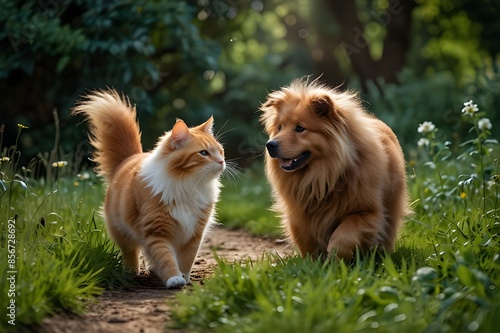 Sunset, warm, summer, day, regal, cat, cheerful, corgi, leisurely, walk, lush, green, meadow, tails, wagging, unison, companionship, nature, beauty, serene, atmosphere, evening, glow, twilight, horizo photo