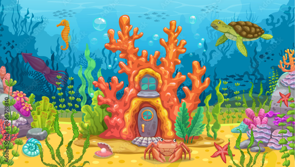 Underwater game landscape with coral reef house. Cartoon vector fantasy ...