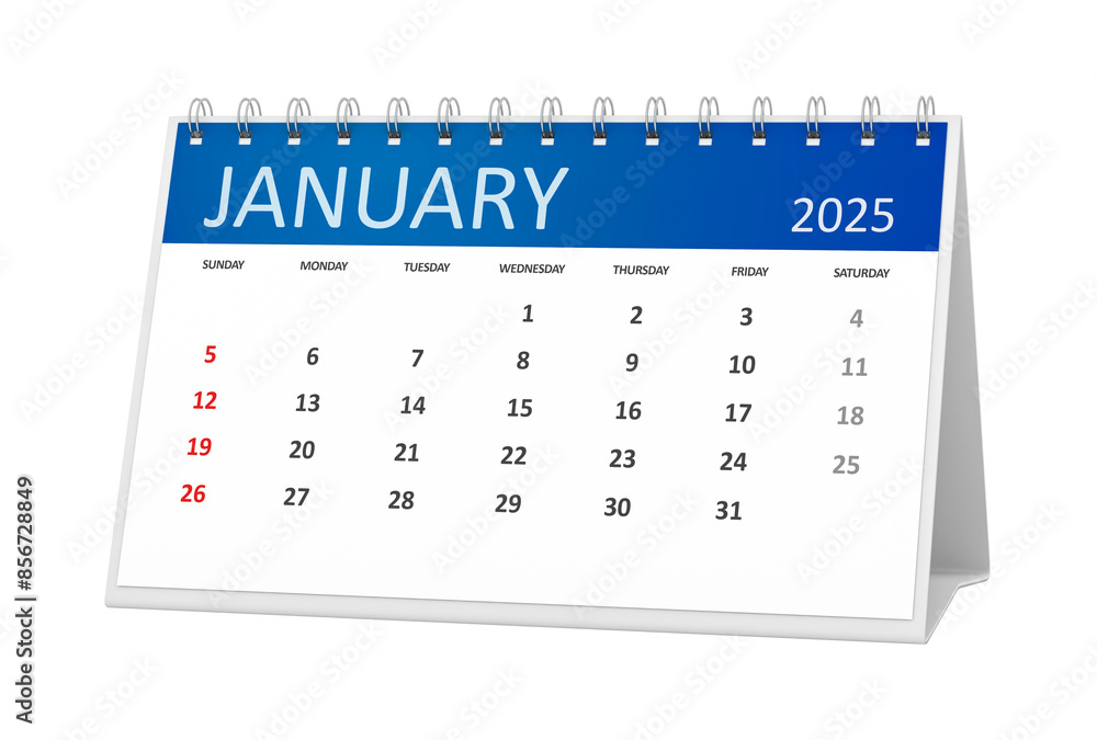 table calendar 2025 january isolated on transparent background