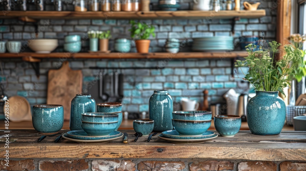 Blue Ceramic Kitchenware Display on Rustic Wooden Counter Blue Ceramic Kitchenware Display on Rustic Wooden Counter