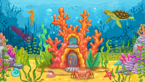 Underwater game landscape with coral reef house. Cartoon vector fantasy background with mermaid home building. Fairytale dwelling in reef with shell door, crab and seaweeds at front yard on sea bottom