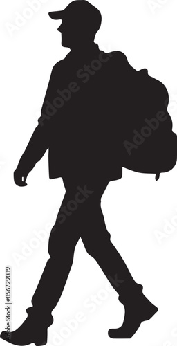 silhouette of a man in a cap and with a backpack on a transparent background