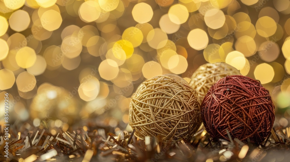 Wicker balls in varied hues on golden bokeh backdrop Wicker balls in varied hues on golden bokeh backdrop