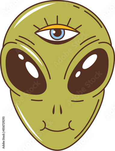 Retro groovy alien space character face or head with a single, centered eye, oversized dark eyes and a playful smirk. Isolated cartoon vector friendly extraterrestrial et personage with green skin