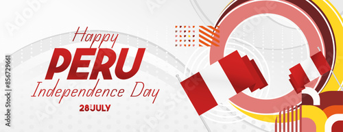 Peru Independence Day banner in modern geometric style. Wide banner with typography and also country flag. Background for National holiday celebration party. Happy Independence Day of Peru