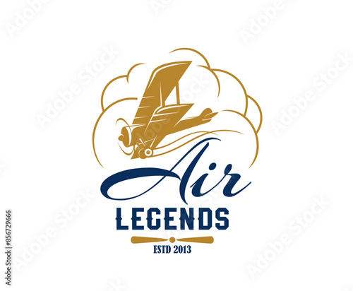Airline and aircraft aviation icon. Isolated vector air legends emblem with vintage biplane ascending through stylized clouds, in blue and gold palette, with elegant script evoking a sense of heritage