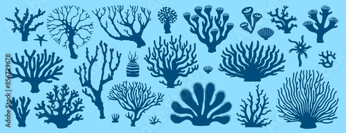 Underwater sea coral reef and seaweeds dark blue silhouettes. Vector set of diverse plant species found in reef ecosystems. Branching, leafy and fan-shaped corals, rich biodiversity of marine life