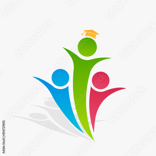 Symbol of three people standing together showing unity. Can be used to show community, team, leadership as well as logo for a social welfare society or school. Graduation cap represents education 