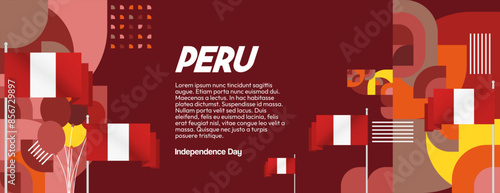 Peru Independence Day banner in modern geometric style. Wide banner with typography and also country flag. Background for National holiday celebration party. Happy Independence Day of Peru