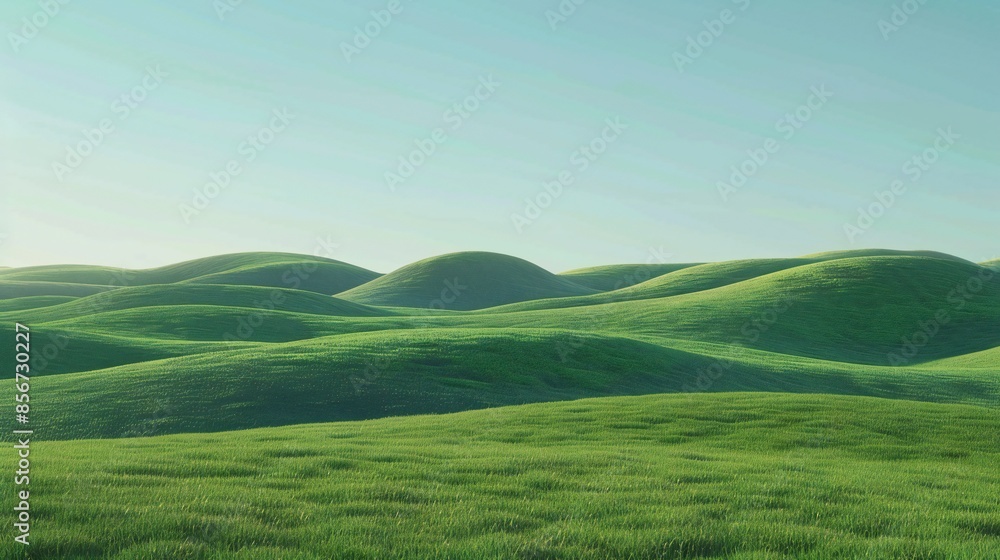 A lush green field with undulating hills under a clear blue sky, capturing the tranquility of nature. A lush green field with undulating hills under a clear blue sky, capturing the tranquility of nature.