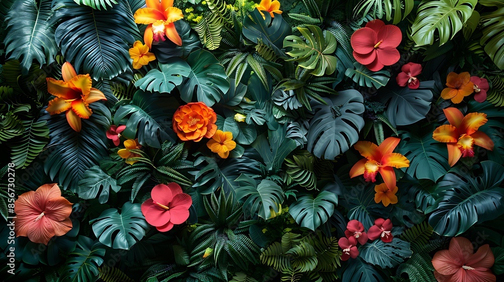 A tropical paradise wall background with a mix of lush green foliage, including ferns, banana leaves, and colorful flowers like orchids and birds of paradise, rich and vivid colors, hd quality A tropical paradise wall background with a mix of lush green foliage, including ferns, banana leaves, and colorful flowers like orchids and birds of paradise, rich and vivid colors, hd quality