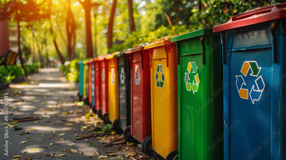 Brightly colored recycling bins lined up in a green park Brightly colored recycling bins lined up in a green park