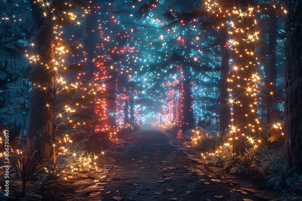 Enchanted Forest Pathway with Twinkling Lights at Night Enchanted Forest Pathway with Twinkling Lights at Night