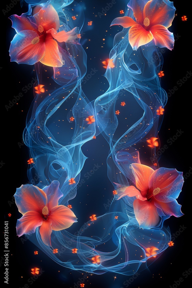 Fototapeta premium Abstract Flower Picture Frame With Blue Smoke and Red Flowers