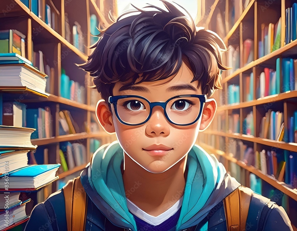 A boy with glasses is standing in front of a row of books. The image is a cartoonish representation of a library scene. School and eduction concept A boy with glasses is standing in front of a row of books. The image is a cartoonish representation of a library scene. School and eduction concept