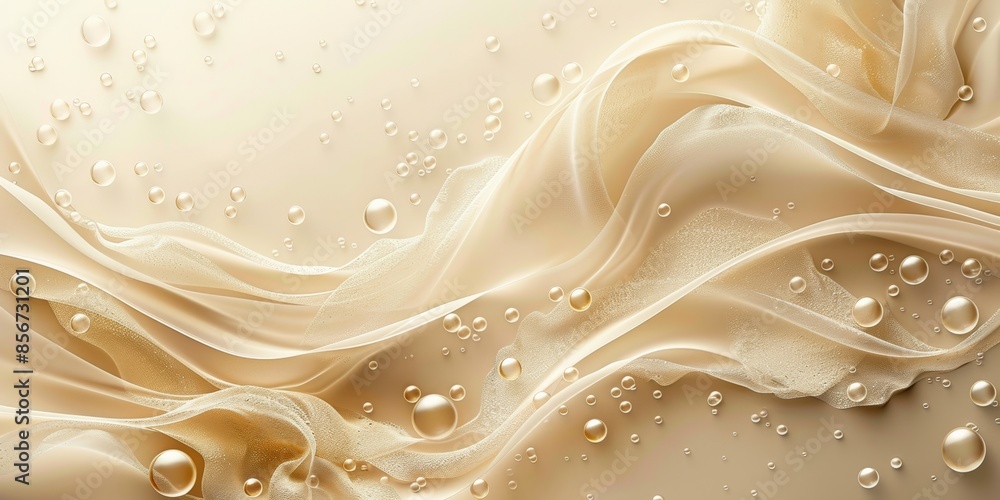 Delicate flowing fabric intertwined with bubbles on a soft beige background, creating a light and airy composition. Delicate flowing fabric intertwined with bubbles on a soft beige background, creating a light and airy composition.