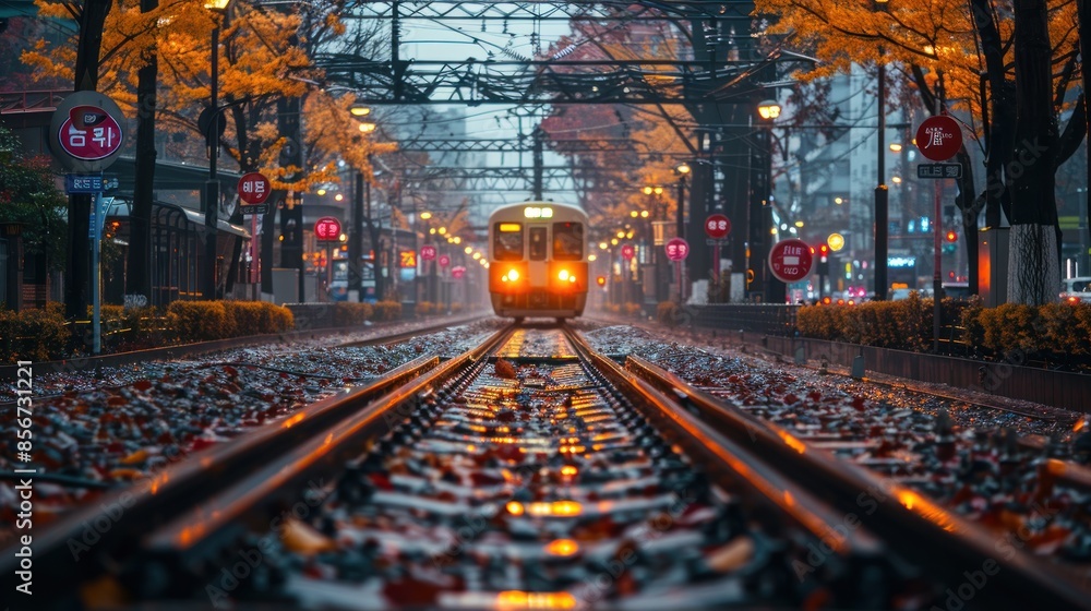 Train Tracks in the Rain with a Passing Train Train Tracks in the Rain with a Passing Train