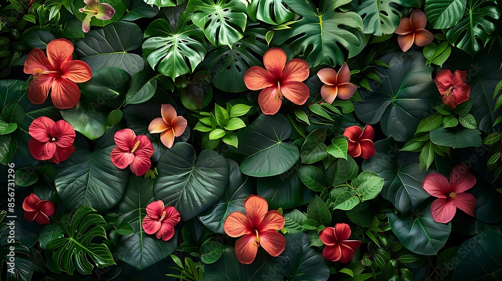 A vibrant tropical wall background showcasing dense jungle foliage, with a variety of green leaves and exotic flowers like hibiscus and plumeria, rich and lively colors A vibrant tropical wall background showcasing dense jungle foliage, with a variety of green leaves and exotic flowers like hibiscus and plumeria, rich and lively colors