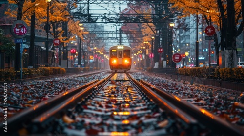 Train Tracks in the Rain with a Passing Train photo