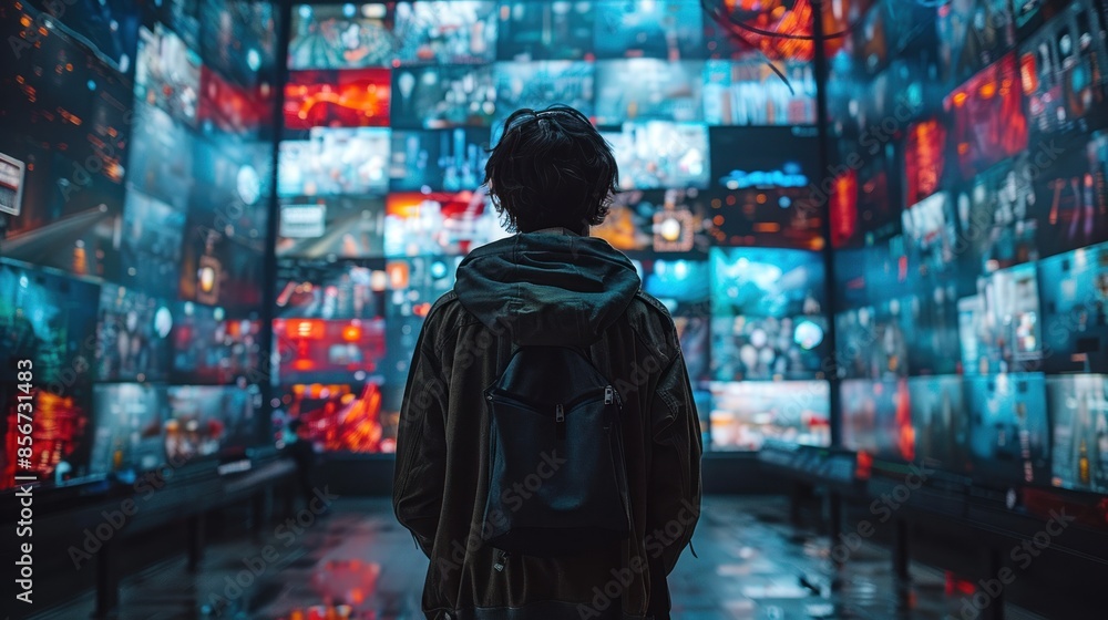 A Single Figure in a Sea of Screens A Single Figure in a Sea of Screens
