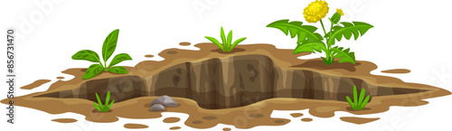 Ground hole, deep dirty pit and burrow. Isolated cartoon vector underground entrance, big crack, natural gap with green grass and stones around. Den of wild animal, soil erosion in garden or in nature
