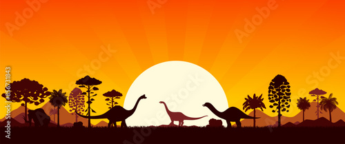 Prehistoric dinosaur silhouettes. Vector Jurassic era scene with silhouetted shadows of brachiosaurus dino spices and mammoths roam lush ancient nature landscape with hills, palm trees and dusk sun