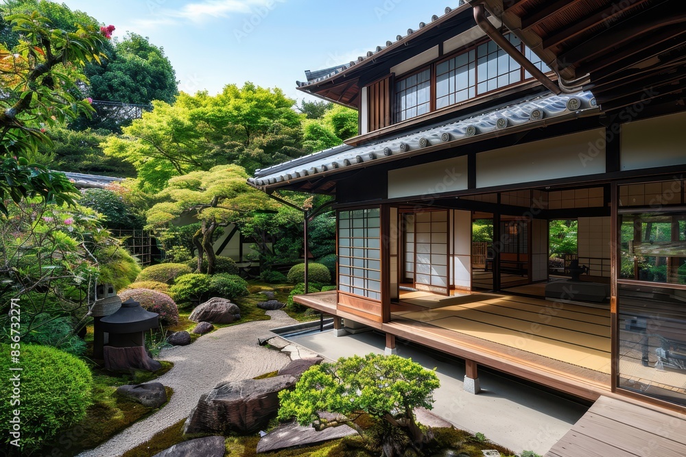 Fototapeta premium Authentic Beauty of Traditional Japanese Houses: Detailed Shots of Sliding Doors, Tatami Mats, and Gardens