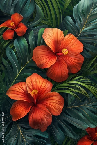 Wallpaper Mural Vibrant Orange Hibiscus Flowers Amid Lush Tropical Foliage Torontodigital.ca