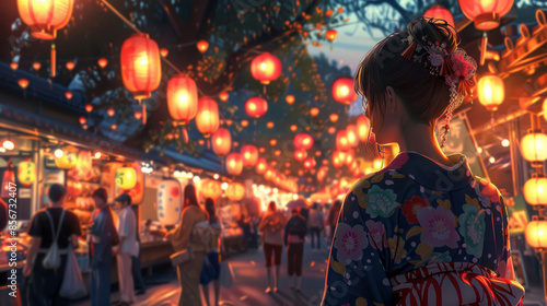 Japanese girl wearing traditional yukata, surrounded by colorful lanterns and lively stalls on the street, japanese summer festival image
