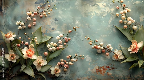 A vintage floral wall background with detailed patterns, showcasing lilies of the valley and primroses in pastel greens and pinks, classic and refined design, aged and textured look, hd quality