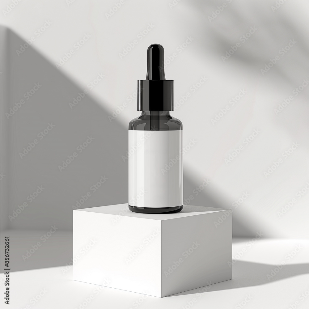 Stylish dropper bottle with blank label on a white geometric pedestal, creating a modern aesthetic Stylish dropper bottle with blank label on a white geometric pedestal, creating a modern aesthetic