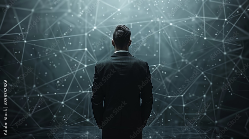 A businessman stands facing a network of interconnected lines and dots, symbolizing the complexities of modern technology. A businessman stands facing a network of interconnected lines and dots, symbolizing the complexities of modern technology.
