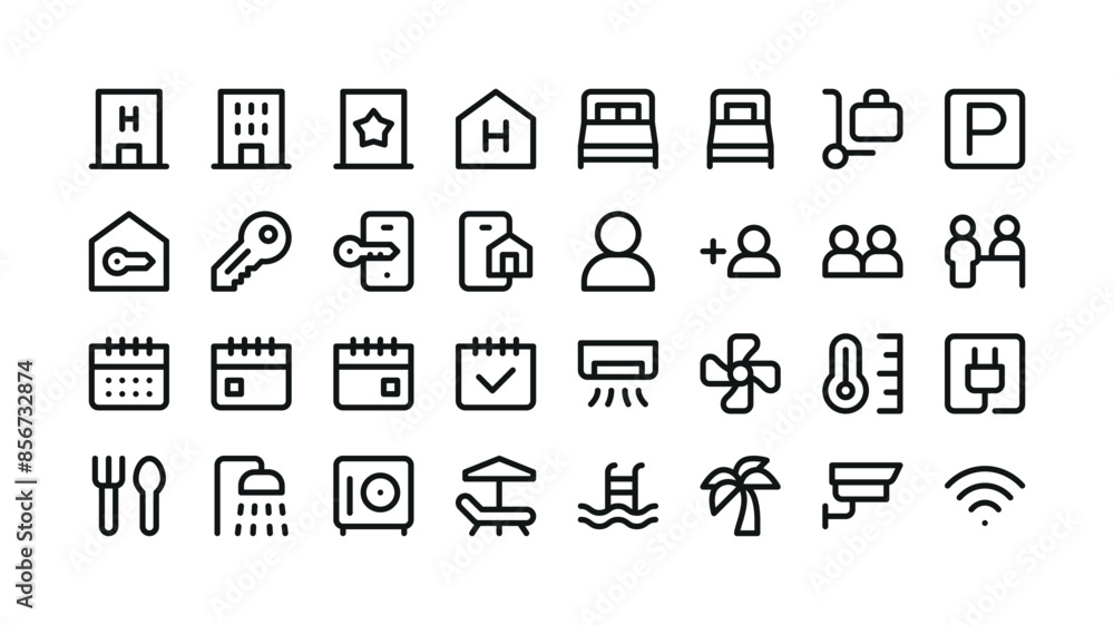Hotel isolated icons. Set of hotel building, double bed, single bed, parking, booking, hotel app, reception, air conditioner, breakfast, shower, safe, pool, wi-fi vector icon with editable stroke Hotel isolated icons. Set of hotel building, double bed, single bed, parking, booking, hotel app, reception, air conditioner, breakfast, shower, safe, pool, wi-fi vector icon with editable stroke