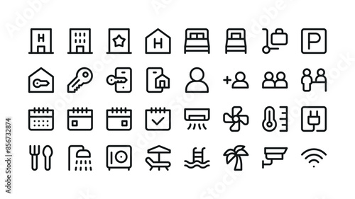 Hotel isolated icons. Set of hotel building, double bed, single bed, parking, booking, hotel app, reception, air conditioner, breakfast, shower, safe, pool, wi-fi vector icon with editable stroke