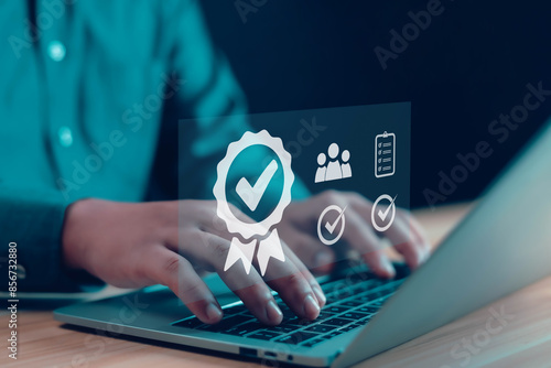 Photos Businessman showing quality Providing the best service, confident, confident, accurate and excellent service, ISO certified, standards accreditation guidelines