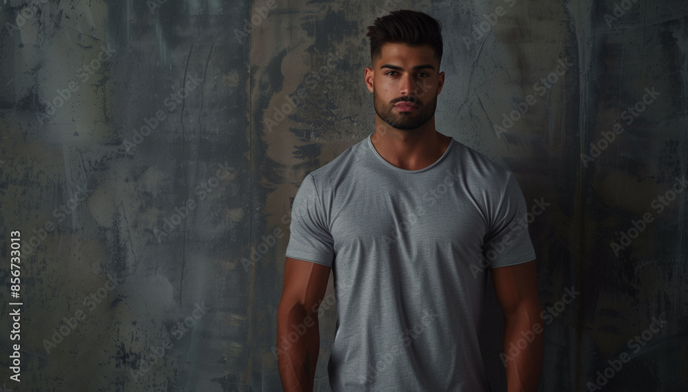 A handsome man with a beard and muscular build wearing a gray t-shirt stands against a textured wall. A handsome man with a beard and muscular build wearing a gray t-shirt stands against a textured wall.