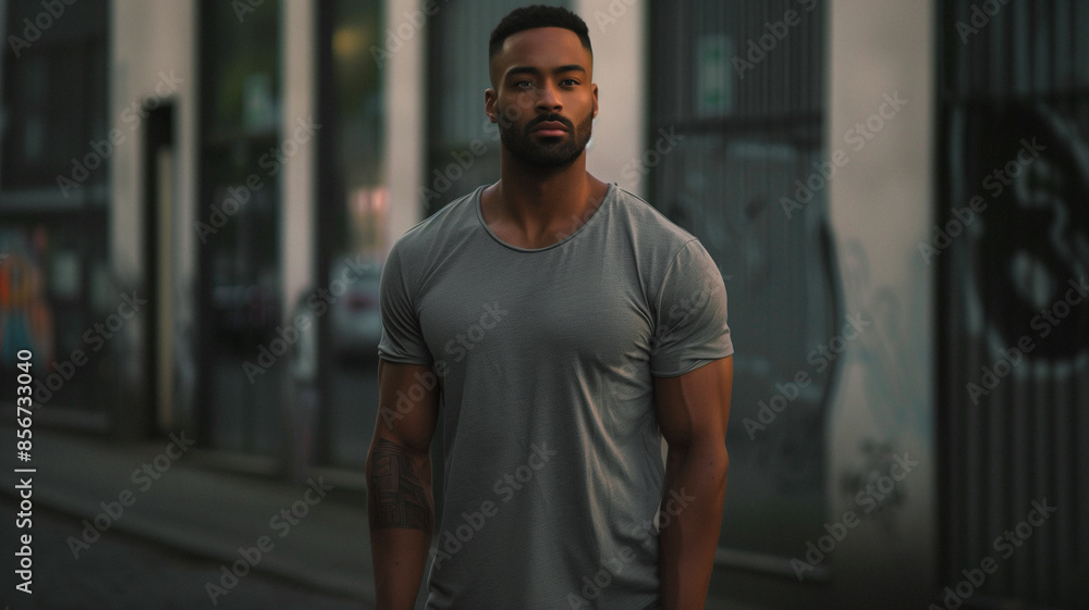 A handsome man with a beard and muscular build wearing a gray t-shirt stands against a textured wall. A handsome man with a beard and muscular build wearing a gray t-shirt stands against a textured wall.