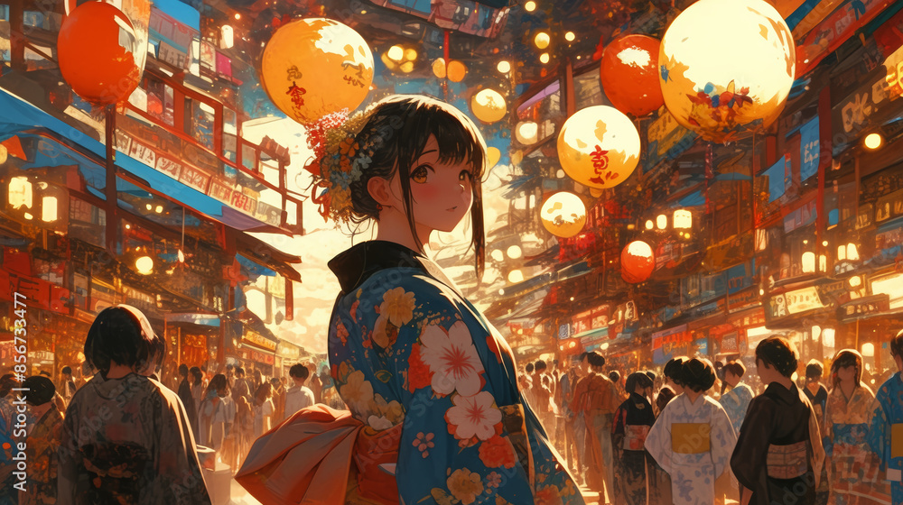 Japanese girl wearing traditional yukata, surrounded by colorful lanterns and lively stalls on the street, japanese summer festival image Japanese girl wearing traditional yukata, surrounded by colorful lanterns and lively stalls on the street, japanese summer festival image