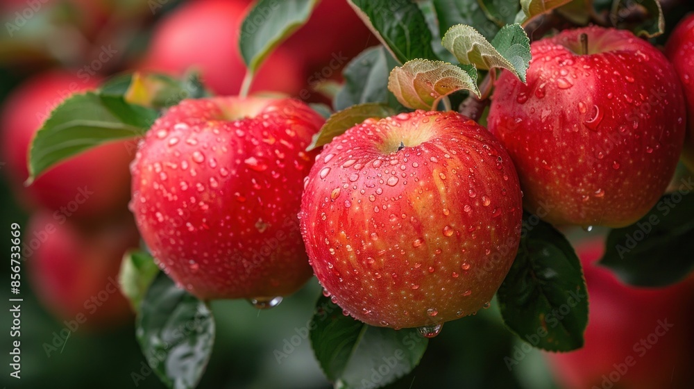 Fresh Red Apples with Dew Drops on a Branch Fresh Red Apples with Dew Drops on a Branch