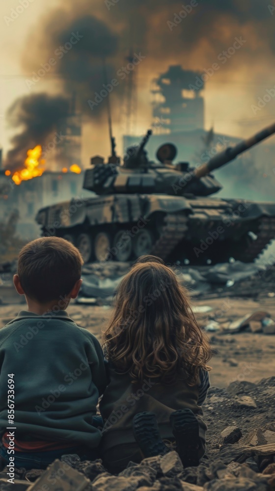 Children Sitting Before a City Engulfed in War Invasion Conflict, Military Tank Fires, and Political World War Smoke. Banner with Copy Space, Opposing Child Innocence Concept, High-Resolution Wallpape