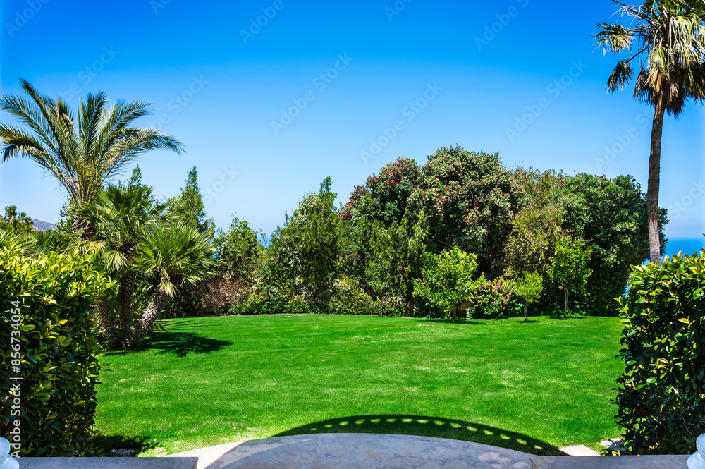 Fototapeta premium Green, well-maintained lawn and garden with beautiful palm trees. The scene is set on a sunny summer day with a clear blue sky, creating a vibrant and inviting atmosphere. Tropical feel of landscape