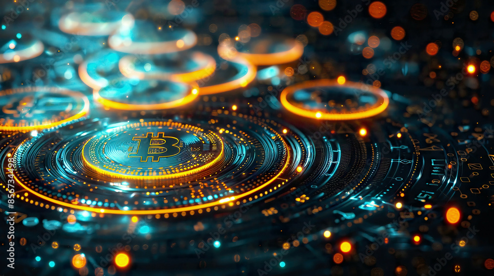 Detailed 3D illustration of bitcoin coins and trading chartsdark background with glowing elements highlighting digital currency market analysis Detailed 3D illustration of bitcoin coins and trading chartsdark background with glowing elements highlighting digital currency market analysis