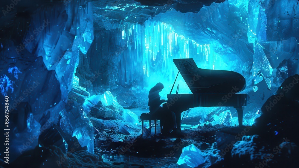 Fototapeta premium Pianist Playing Grand Piano in Enchanted Ice Cave with Glowing Blue Crystals