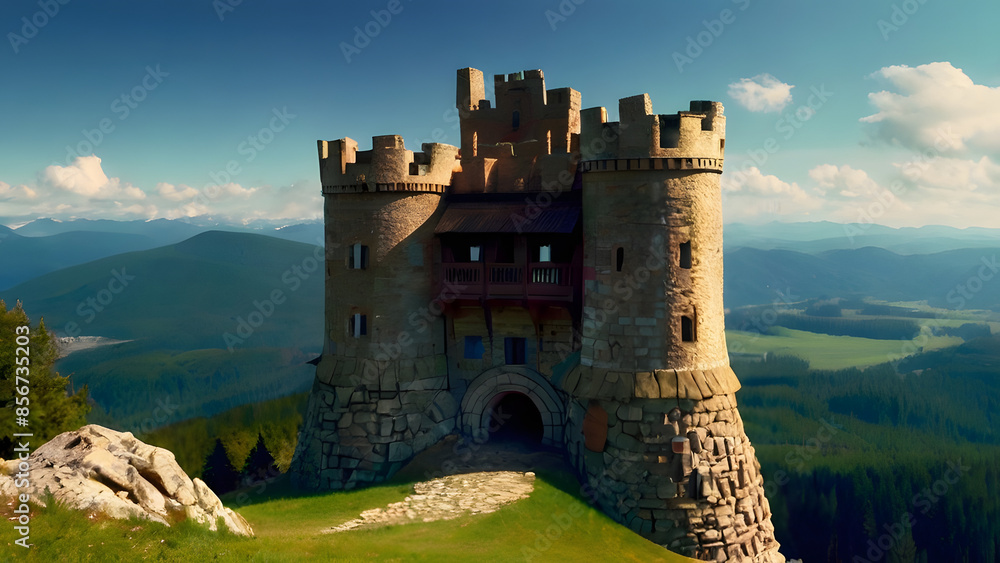 An old castle, half-ruined with defensive towers, stands in the mountains on a mountain cliff An old castle, half-ruined with defensive towers, stands in the mountains on a mountain cliff