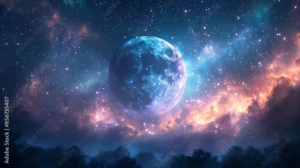 An ethereal celestial wall background featuring a night sky with sparkling stars, a luminous moon, and swirling galaxies, soft gradients of blue and purple, mystical and serene design, hd quality An ethereal celestial wall background featuring a night sky with sparkling stars, a luminous moon, and swirling galaxies, soft gradients of blue and purple, mystical and serene design, hd quality