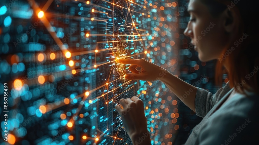 Woman Interacting with Digital Data Visualization Woman Interacting with Digital Data Visualization