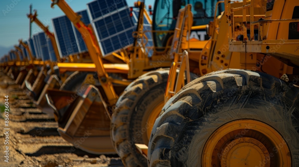 Fototapeta premium A line of solarpowered construction equipment parked at a job site showcasing the industrys commitment to sustainable and environmentally friendly practices.
