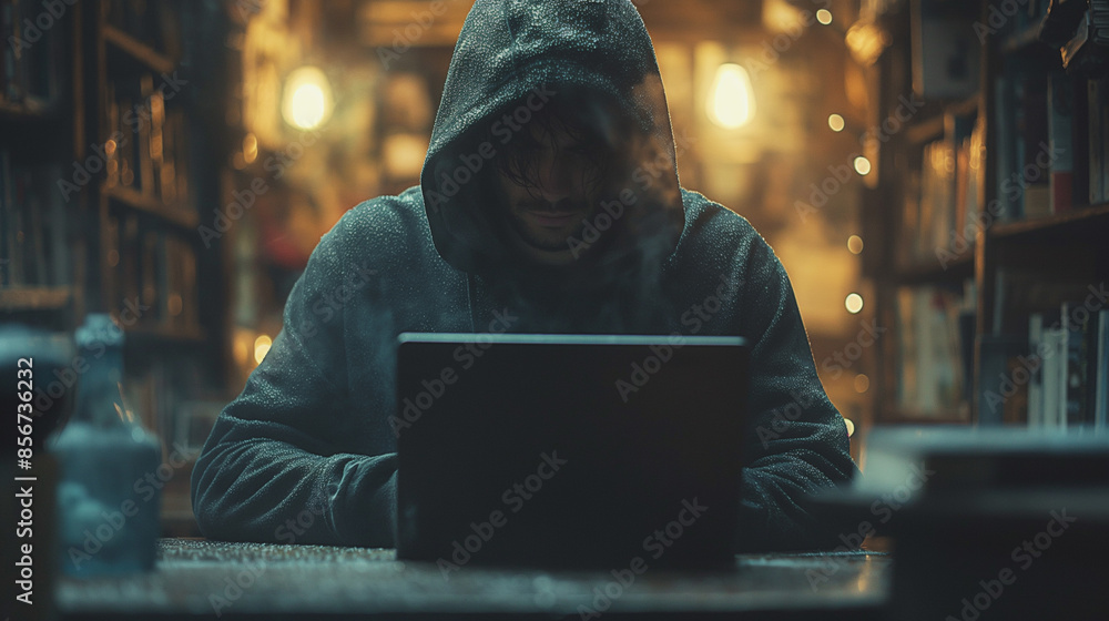 A man is sitting at a desk with a laptop in front of him. He is wearing a hoodie and he is typing on the laptop. The image has a dark and moody atmosphere, with the man's hoodie A man is sitting at a desk with a laptop in front of him. He is wearing a hoodie and he is typing on the laptop. The image has a dark and moody atmosphere, with the man's hoodie