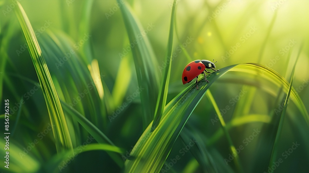 Obraz premium A single blade of grass with a small ladybug climbing up, highlighting the vibrant green background.